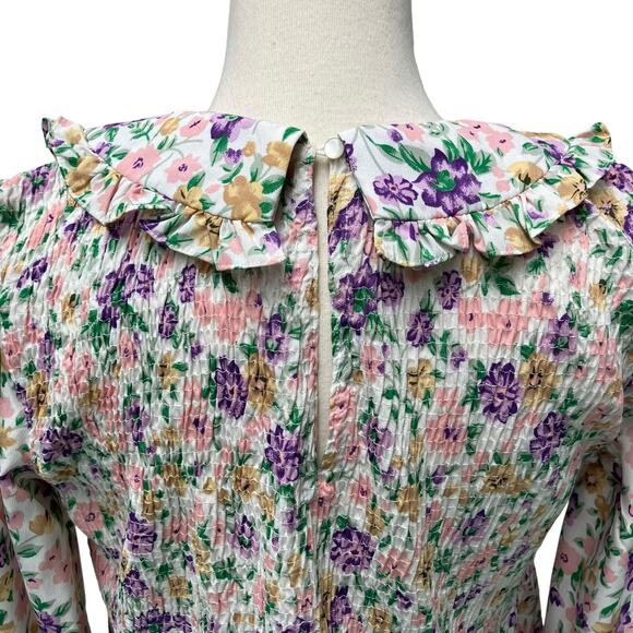 Pieces Mamalicious Maternity Top Sz L Smocked Floral Collar Cottagecore Prairie - Picture 7 of 11